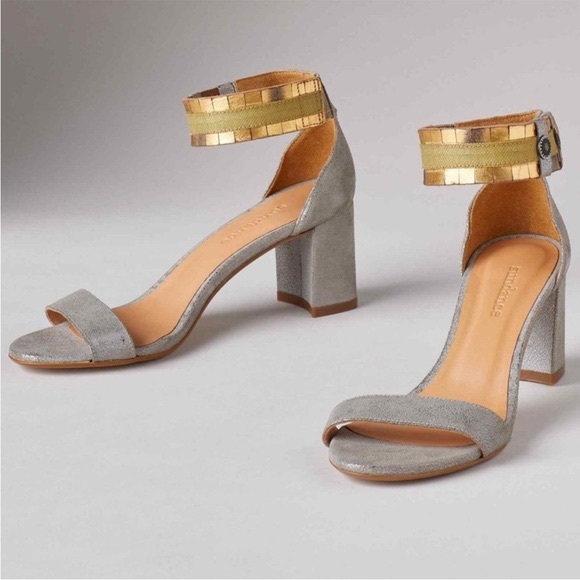 Sundance Leather Ankle Wrap Chunky Heeled Sandals - Picture 1 of 12